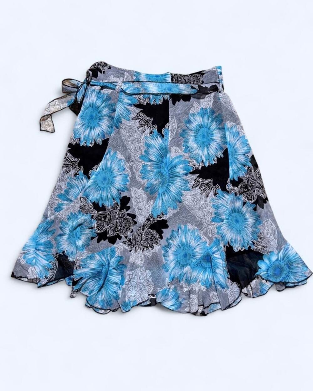 Blue Floral Floral Flowy Lined Midi Skirt Sash Tie Belt Fairycore Size M/L